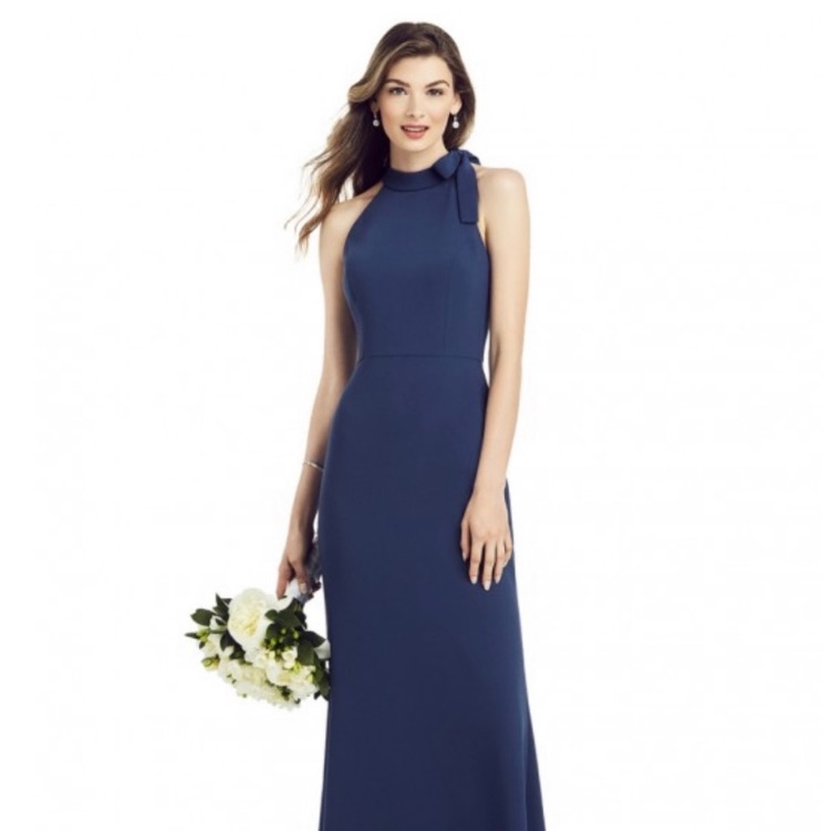 New After Six Midnight Navy Blue Crepe Bow Tie Halter Maxi Dress Sz 6